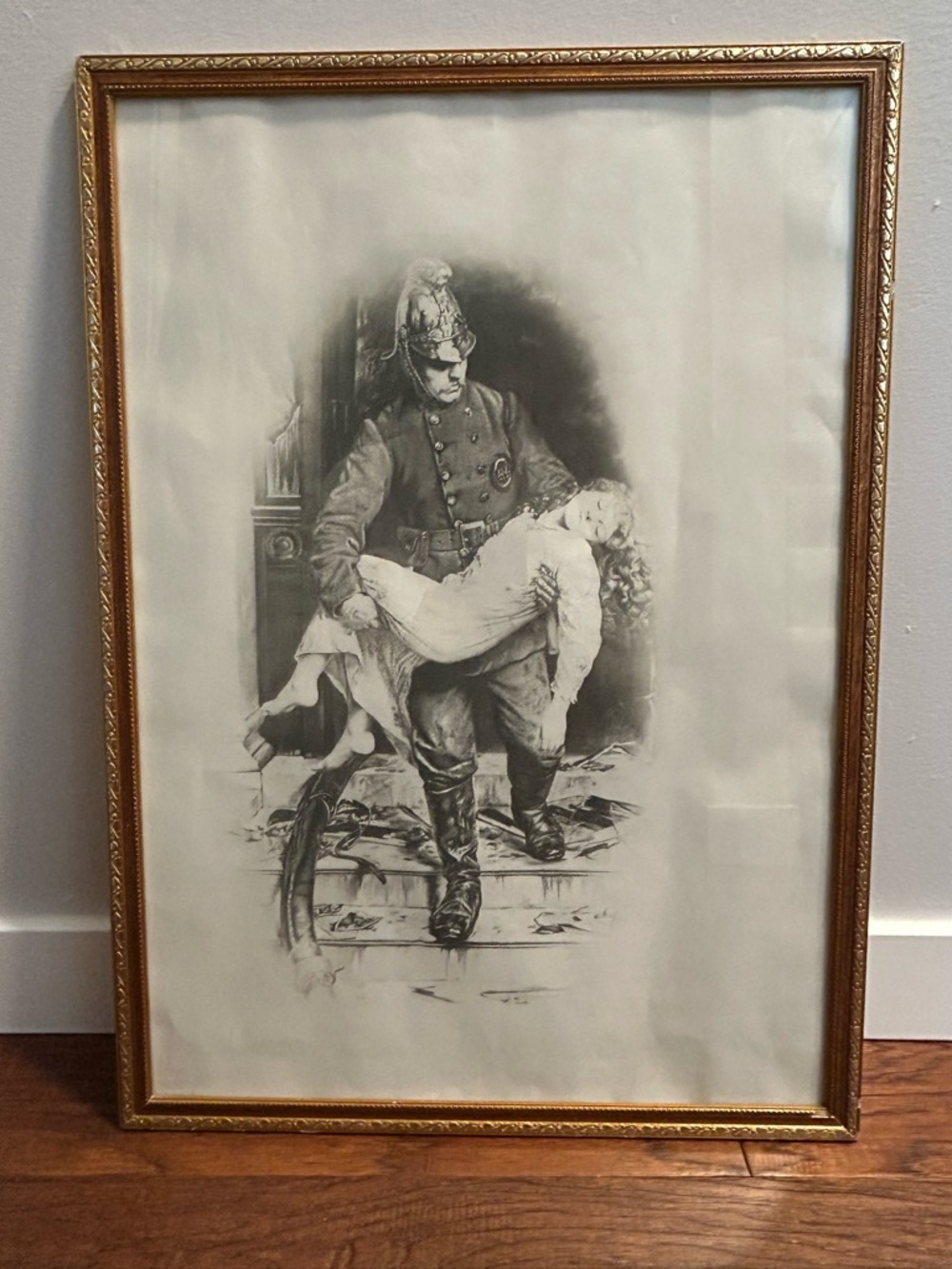 Vintage Framed “Saved” Charles Vigor Print Firefighter Victorian Art Wall Decor